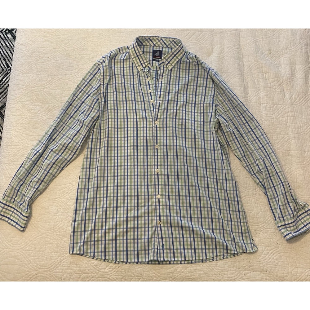 johnnie-O Men's XL Prep-Formance Blue Green Plaid Button-Down Shirt Long Sleeve